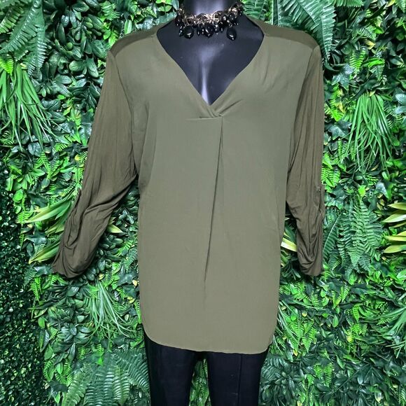 DRESS BARN Tops Women 3XL Green Pleated Blouse V Neckline Layered  1617‎ - Picture 5 of 9